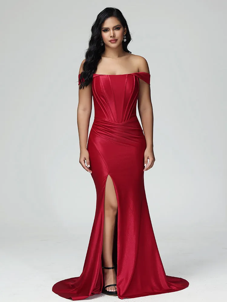 Off-Shoulder Evening Dress Satin Stretch Silky Pleated with Sweep Train in RED